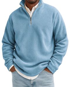 Suéter de Invierno para Hombre, Cuello Alto con Media Cremallera, Color Azul Cielo, Tejido Acanalado, Suave, Cálido, Elegante, Informal, Grueso, Cómodo y Acogedor - Product Image 1
