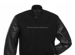 Blouson bomber unisexe printemps, style universitaire, personnalisable, entièrement noir, broderie universitaire, en stock, corps en toile et laine, manches en cuir recouvertes - Product Image 4