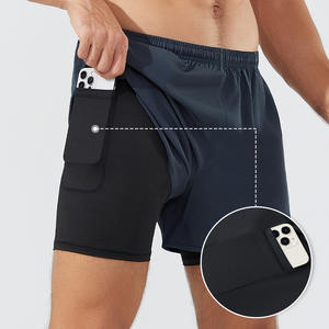 Pantalones cortos para correr de dos capas con bolsillos traseros para hombre, pantalones cortos deportivos activos para gimnasio 2 en 1, pantalones cortos de secado rápido con logotipo personalizado, envío DDP - Product Image 2