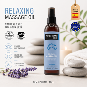 Aceite de Masaje Relajante de Marca Privada 200ml OEM |   Aceite Esencial de Lavanda para Masajes Corporales |   Vegano Natural |   Hecho en España, UE - Product Image 1