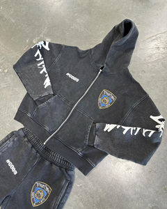 Sudadera con capucha y cremallera de lana DTG Club lavada con ácido de algodón Premium personalizada y pantalones acampanados apilados, chándal de peso pesado - Product Image 4