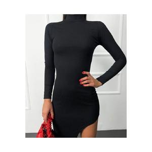 Abito da donna nero a manica lunga con spacco taglio asimmetrico - Product Image 1
