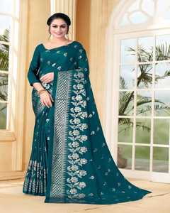 Algodón Organza Party Wear Sari con encaje de flores y blusa - Product Image 4