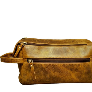 Vintage Leather Toiletry <b>Bag</b> Medium Capacity Double Zipper Closure Soft Handle Travel Dopp <b>Kit</b> - Product Image 1