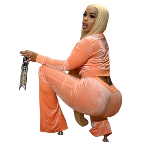 Ensembles deux pièces en velours de haute qualité pour femmes, sweatshirts à capuche, sweatshirts avec capuche zippée, pantalons évasés, vente en gros de survêtements - Product Image 3