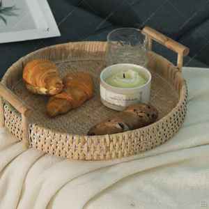 ถาดเสิร์ฟหวายทรงกลมพร้อมที่จับจานหวายสำหรับตกแต่งบ้านและห้องครัว - Product Image 4