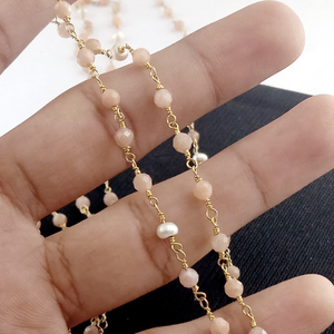 Chaîne perlée de chapelet de pierre de lune et de perles de pêche rose 3-3.5mm chaîne de collier de pierres précieuses rondes à facettes pour la fabrication de bijoux - Product Image 2