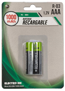 2 batteries rechargeables Ni-MH HR03-AAA 1000 mAh (Electro DH 50.036/1000/AAA) (Emballage blister) - Product Image 1