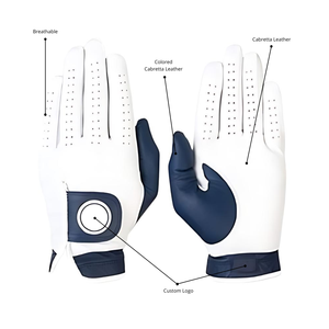 Guante de Golf de Cuero Cabretta Blanco con Correa de Muñeca Ajustable, Dedos Perforados Transpirables, Logotipo Personalizado, Uso en Exteriores, Azul Marino - Product Image 2