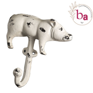 Distressed Pig Animal <b>White</b> Cast Iron Wall <b>Coat</b> <b>Hook</b> and Keychain Hanger - Product Image 1