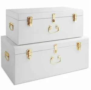 Wholesale Vintage Style Metal Champagne Beautify Extra Large Set of 2 White Trunks chest Box For Lockable and Decorative