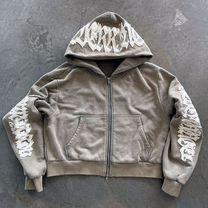 Moda logotipo personalizado de alta calidad Vintage sudaderas con capucha de gran tamaño lavado ácido bordado desgastado apliques Unisex Jogger chándales - Product Image 2