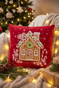 Funda de Almohada Navideña de Terciopelo Bordada Cuadrada de Lujo Dreaming Home, Diseño de Casa de Jengibre, Relleno 100% Fibra de Poliéster - Product Image 2