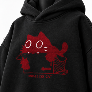 Women's Black Hoodie Cartoon Red <b>Cat</b> Print Casual <b>Sweatshirt</b> Front Logo Knitted Cotton Autumn Wear - Product Image 6