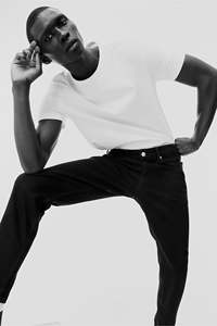 กางเกงยีนส์ผ้าฝ้าย100% สูงสำหรับผู้ชายกางเกงยีนส์ทรงเรียวขาเรียวทรงปกติมี5กระเป๋าสีดำยืดได้แบบสโตน - Product Image 6