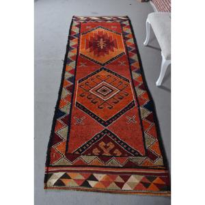 Turkish <b>Runner</b> Rug 3.3x9.3 ft, <b>Red</b> Blue Animal Print Rug Wool - Product Image 1