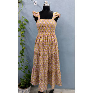 Robe maxi d'été écologique faite à la main, imprimée au bloc, en coton pur, sans manches, longue, décontractée, style doux, avec deux poches latérales, tissée - Product Image 1