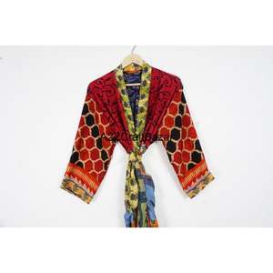 <b>Women's</b> Silk V-neck Patchwork Printed Bohemian Robe Full Length Three-Quarter Sleeve Breathable Elegant Summer Beachwear One - Product Image 2