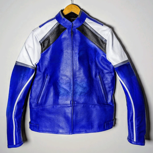 Chaqueta de moto de carreras de cuero azul y blanco estilo motorista retro, protecciones de armadura con certificación CE, chaqueta de montar en motocicleta para hombre - Product Image 1