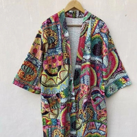 Nieuwe Aanwinst SILKGRAM Damesbadjas 100% Katoen Handgemaakt Kantha Kimono Beige Fruitprint Zoete Stijl Natuurlijke Taille V-hals