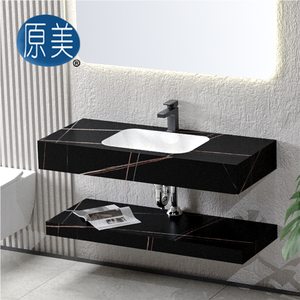 Tocadores de baño de superficie sólida flotante modernos, lavabo de pizarra de <span class=keywords><strong>roca</strong></span> colgada en la pared, tocador de baño de doble capa para Hotel - Product Image 3