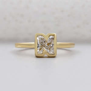 N Letter Lab Grown Yellow Gold <b>Diamond</b> <b>Ring</b> Bezel Engagement <b>Ring</b> - Product Image 1