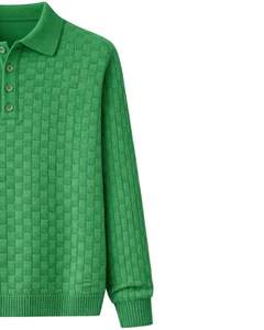 Suéter Polo de Punto con Textura de Gofre para Hombre, Manga Larga, Cuello con Botones, Informal, para Invierno, en Verde Brillante, para Venta al por Mayor - Product Image 4