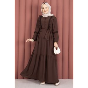 Robe Hijab Modeste en Guipure avec Ceinture Décorée Taille Naturelle Couleur Marron - Product Image 3