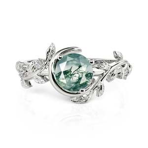 Jeulia Moon & Star Bypass Moss Agate Emerald Cut Engagement <b>Ring</b> - Product Image 1