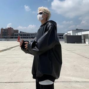 Veste décontractée polyvalente à capuche en cuir véritable pour hommes coupe ajustée printemps automne tendance commerce transfrontalier - Product Image 5