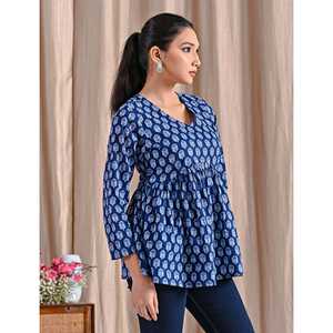 Top Peplum de Algodón Popelín Azul Jaipuri con Estampado de Bloques, Asimétrico, Bordado Floral y Rayas, Largo, Tallas XL XXL, para Otoño, Ropa Formal - Product Image 6
