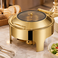 Plato de frotamiento redondo dorado, calentador de alimentos de buffet de acero inoxidable de 6L con tapa de vidrio hidráulica para bodas, hoteles, catering, uso en banquetes