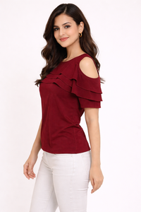 Shoryam Fashion Womens <b>Maroon</b> Cold Shoulder Ruffle <b>Top</b> Stylish Formal Western Wear Solid Designer Crepe Quick Dry <b>Tops</b> - Product Image 6