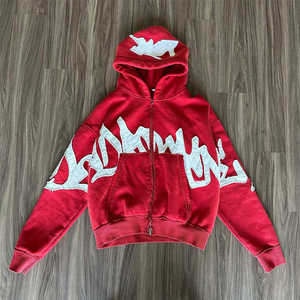 Custom High Quality Men 100% Cotton Fleece Loose Cropped Distressed Applique Patch Embroidery Acid Wash Breathable <b>Zip</b>-<b>Up</b> - Product Image 1