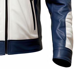 แจ็คเก็ตหนังแท้สีขาวน้ำเงิน ปกตั้ง ซิปหน้า กันน้ำ เป็นมิตรกับสิ่งแวดล้อม สไตล์ไฮสตรีท ทรงเข้ารูป สไตล์ไบค์เกอร์ คาเฟ่ เรเซอร์ - Product Image 4