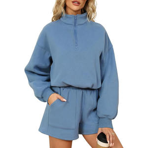 Fabriqué en usine femmes ciel 100% coton 300 GSM polaire demi-fermeture éclair à capuche et polaire court à vendre à des tarifs bon marché - Product Image 1