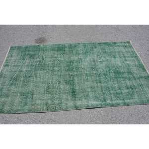 Modern <b>Vintage</b> Turkish <b>Rug</b> 3.7 X 6.7ft Green Wool Handmade Patchwork Design Latex Backing Large Rectangle Hallway for Teens - Product Image 3