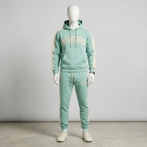 <b>Mens</b> Mint Green Hoodie Tracksuit Sets Cream Side Stripes Embroidered <b>Pullover</b> Sweatshirt Joggers Pants Sportswear Gym Activewear - Product Image 1