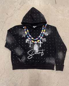 Sudadera con capucha francesa de felpa con estampado de diamantes de imitación de 500g para hombre, Sudadera con capucha gruesa y cálida en blanco de algodón cuadrado de gran tamaño - Product Image 1