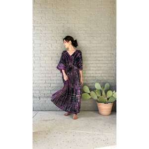 <b>Women</b> Tie Dye <b>Kaftan</b> Floor-Length Maxi Dress Batik Printed V Neck Loose Fit Boho Casual Resort Wear Natural Waist Gown - Product Image 2