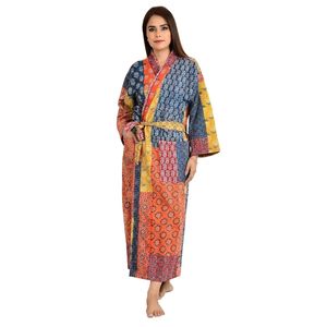 100% Cotton Reversible Long Kimono Jacket Women's Unisex Bohemian Handmade Kantha <b>Stitch</b> Robe Ajrakh Pattern Red Orange Yellow - Product Image 3