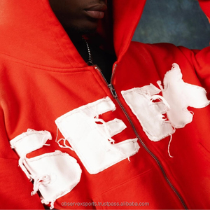 Conjunto de sudadera con capucha y pantalones de chándal con cremallera y parche bordado desgastado personalizado unisex, chándal pesado de invierno lavado ácido - Product Image 3