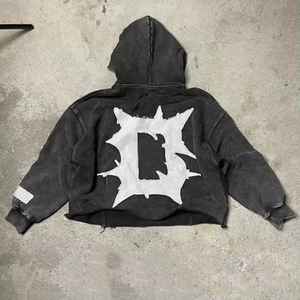 Sudadera con Capucha de Estilo Urbano, Estampado Floral Vintage Otoñal, Tejido Grueso, Estampado Digital, Lavado Ácido, Estilo Desgastado, Felpa Francesa, 100% Algodón, Talla Grande - Product Image 2