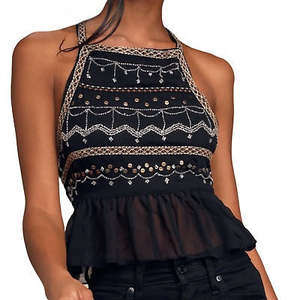 Canotta Nera Camille da Donna Free People, Taglia Grande, Ricamata e con Pizzo, in Maglia di Modal - Product Image 3