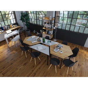 Escritorios de Computadora Trapezoidales de 6 Piezas con Patas de Madera de Caucho y Hierro MD68005 - Product Image 1