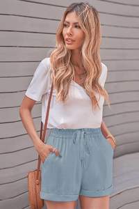 Pantalones cortos ligeros sin esfuerzo, pantalones cortos holgados elegantes e informales, cintura elástica y cordón, pantalones cortos cómodos - Product Image 2