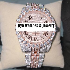 Montre de luxe en acier inoxydable sertie de diamants Moissanite, style romain, fonction date analogique, mouvement mécanique Miyota, verre serti de pierres. - Product Image 2