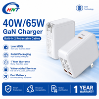 Vente d'usine - Chargeur rapide GaN PD 65W 4-en-1 avec câble USB-C rétractable ignifuge, chargeur mural pour téléphone portable et ordinateur portable ODM/OEM