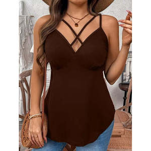 Women'<b>s</b> Front Cross Strap Long Viscose <b>Blouse</b>, 36640 - Coffee - Product Image 1