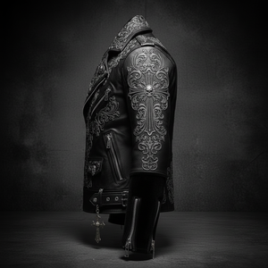 เสื้อแจ็คเก็ตสไตล์โกธิค ไบค์เกอร์ พังก์ หนัง PU ทรงเข้ารูป ประดับหัวกะโหลกและไม้กางเขนสีเงิน - Product Image 3